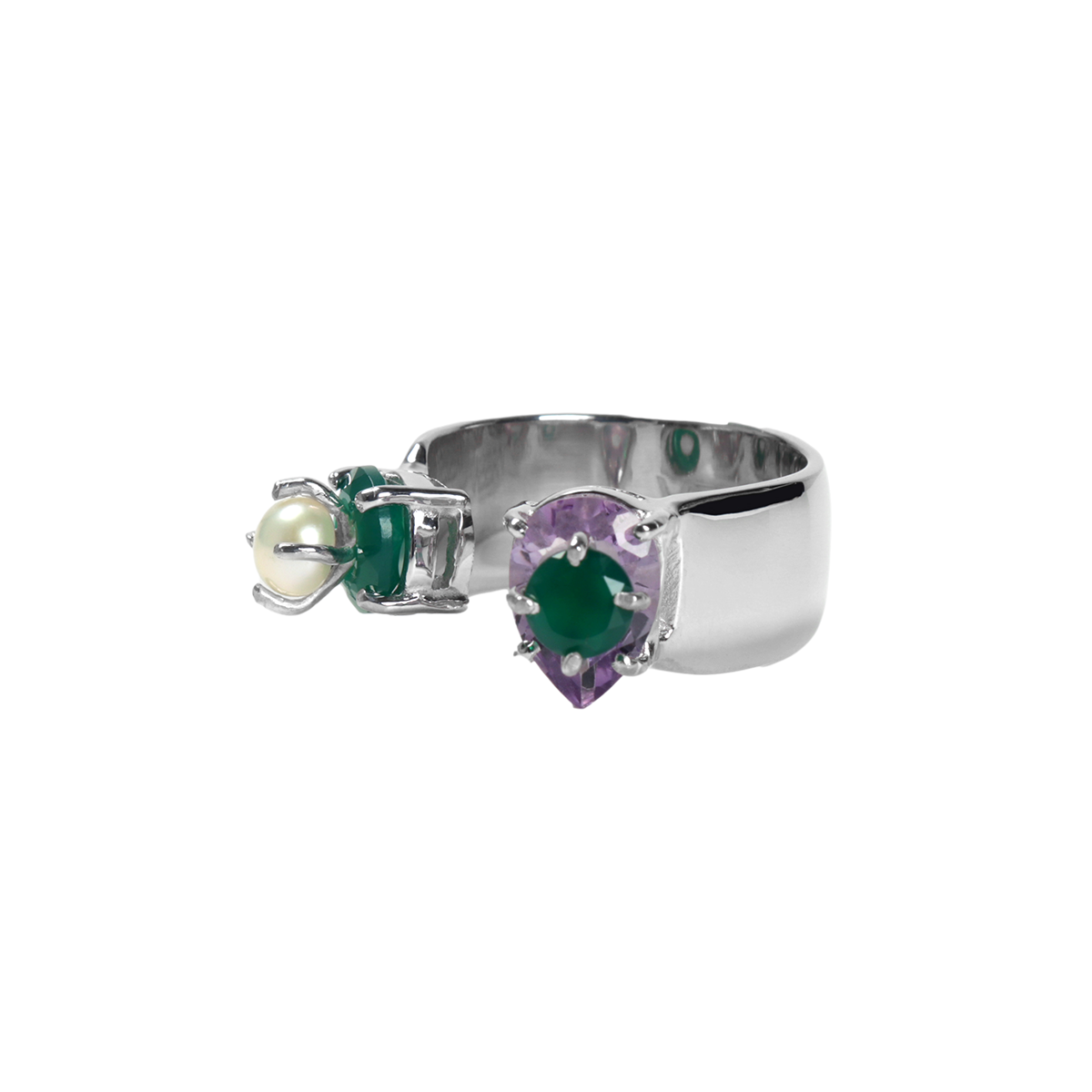 VEERT - FRESHWATER PEARL GREEN ONYX & AMETHYST RING WHITE GOLD