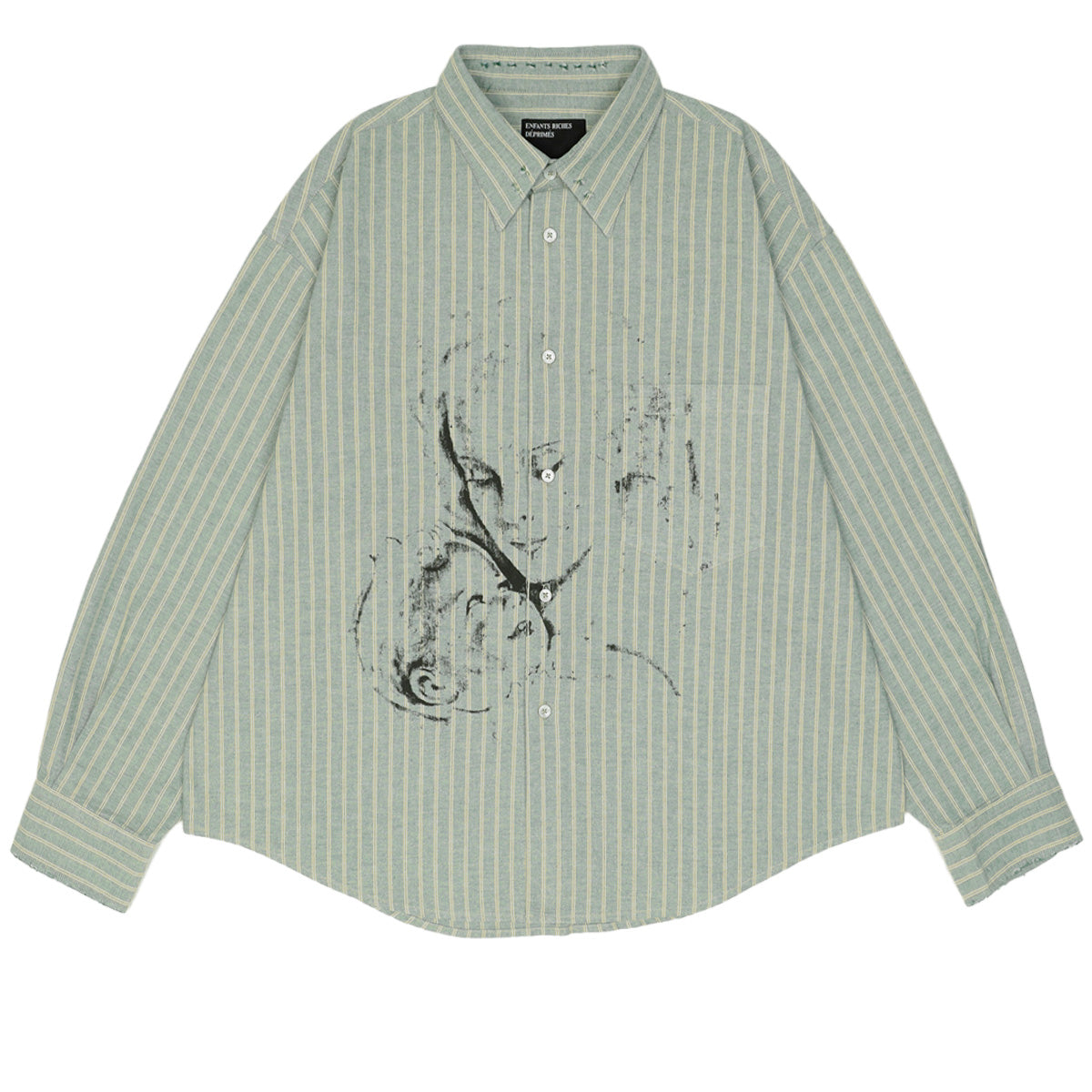 ENFANTS RICHES DEPRIMES - REPAIRED EVERYDAY SHIRT - GREEN/WHITE STRIPE - SHIRT - cherry fukuoka