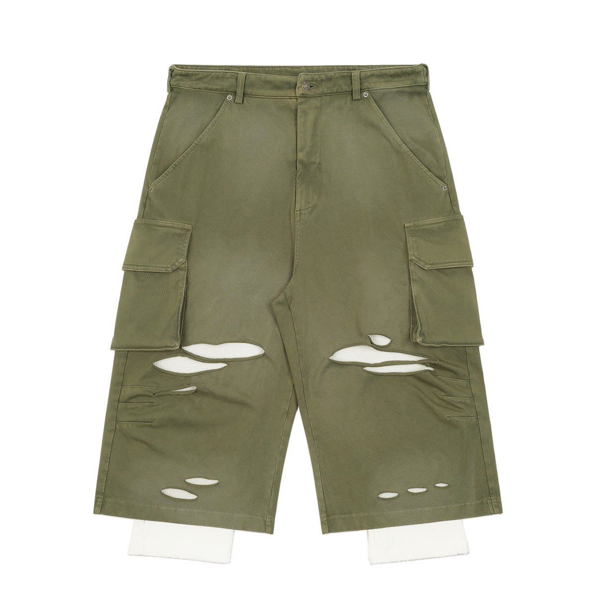 424 - RIPPED BERMUDA SHORTS - OLIVE GREEN - SHORTS - cherry fukuoka