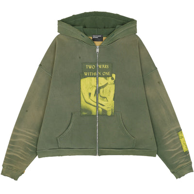 TWO WARS WITHIN ONE ASSEMBLAGE ZIP HOODIE
