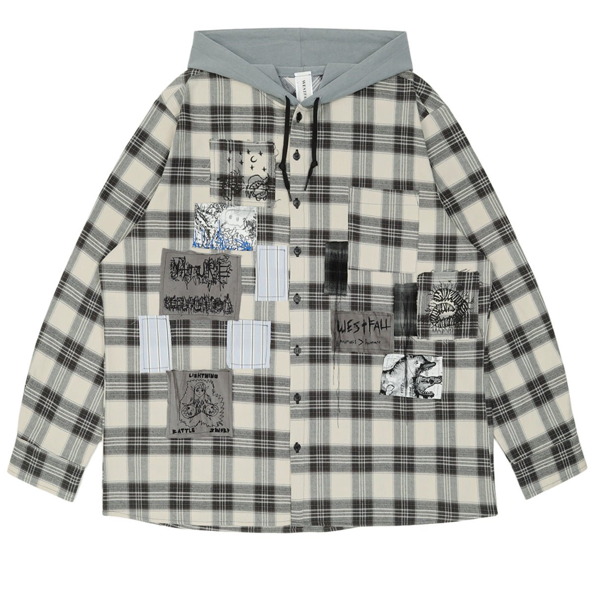 PRINTED PATCH HOODED FLANNEL OVERSHIRT - cherry fukuoka - WESTFALL - SHIRT