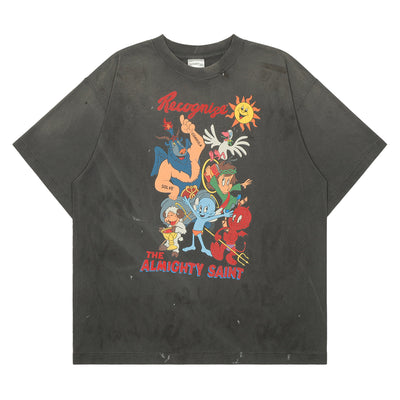 セントマイケル（SAINT MICHAEL / SAINT MXXXXXX）のTHE ALMIGHTY SAINT キャラクターグラフィック ヴィンテージ加工 半袖Tシャツ（ブラック）