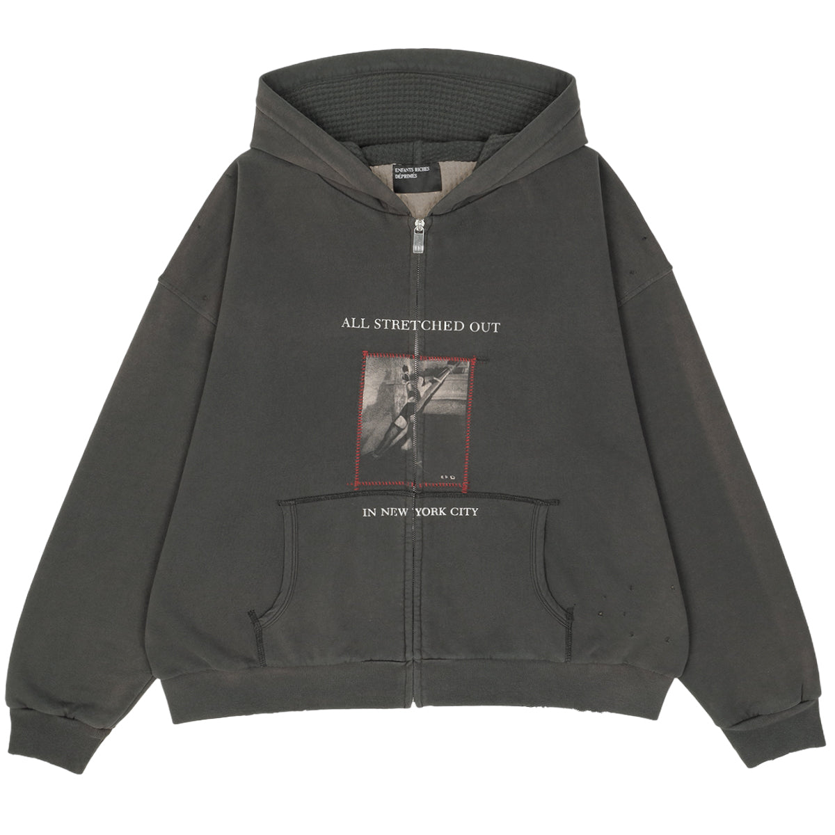 ENFANTS RICHES DÉPRIMÉS - STRETCHED OUT THERMAL LINED LINED ZIP UP HOODIE - WASHED BLACK - HOODIE - cherry fukuoka