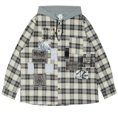 PRINTED PATCH HOODED FLANNEL OVERSHIRT - cherry fukuoka - WESTFALL - SHIRT