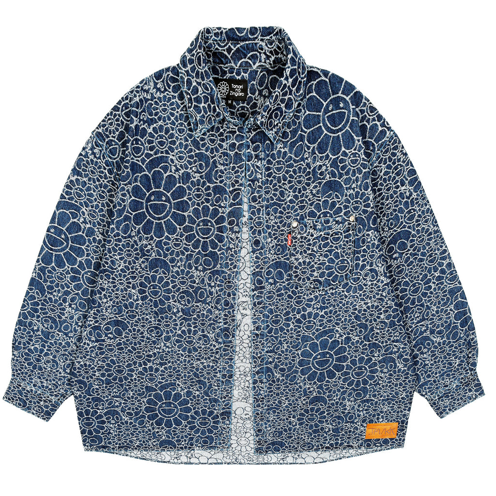 Flowers and Skulls Jacquard Denim Haori Shirt